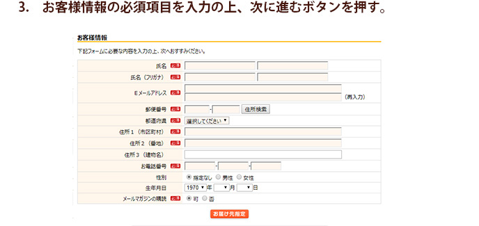 お客様情報の必須項目を入力の上、次に進むボタンを押す。